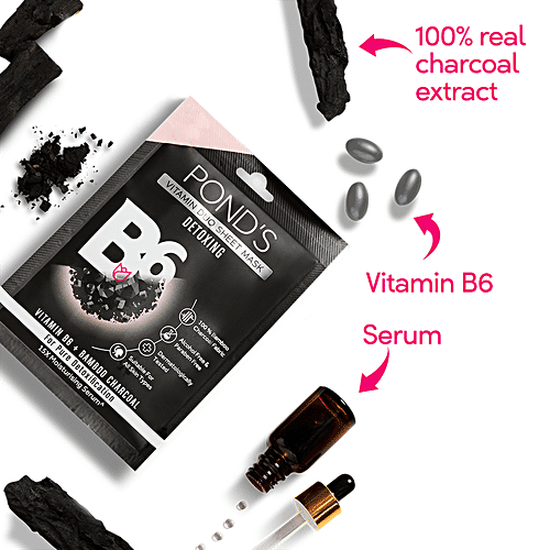 Ponds Vitamin Duo Sheet Mask - Detoxing, Vitamin B6 + Bamboo Charcoal, For Pure Detoxification, 25 ml  