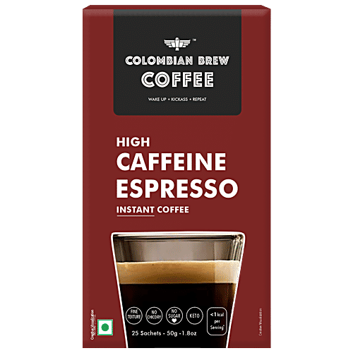 Colombian Brew Coffee High Caffeine Espresso Instant Coffee Powder - Strong, 50 g (25 Sachets x 2 g Each) 