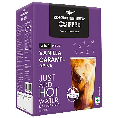 Colombian Brew Coffee 3 In 1 Vanilla Caramel Cafe Latte - Coffee Premix, 200 g (10 Sachets x 20 g Each)