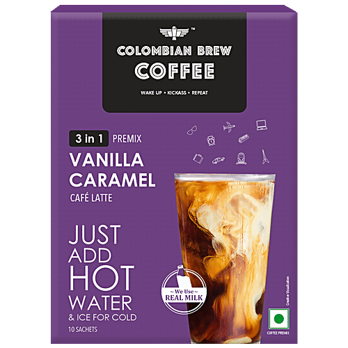 Colombian Brew Coffee 3 In 1 Vanilla Caramel Cafe Latte - Coffee Premix, 200 g (10 Sachets x 20 g Each)