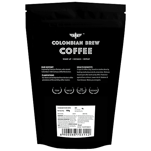 Colombian Brew Coffee Hazelnut Filter Coffee Powder - Arabica Roast & Ground, 100 g Pouch 