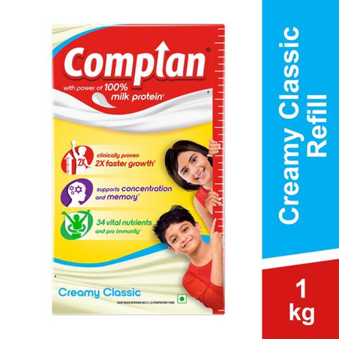 Complan Creamy Classic Nutritious Health Drink - Vitamin C & A Supports Kids Immune, Clinically Proven For 2X Faster Growth Formula, 1 kg Carton
