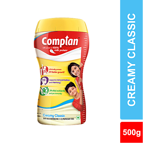 Complan Nutrition Drink Powder - For Kids, Creamy Classic Flavour, 500 g With 100% Milk Protein, Supports Memory & Concentration, Nutrition Drink For Kids With Protein & 34 Vital nutrients