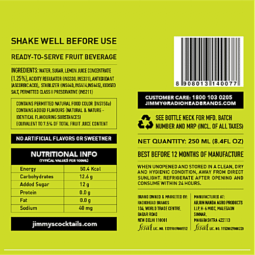 Jimmys Cocktails Margarita - Cocktail & Mocktail Mixer, 250 ml Bottle Finely Crafted
 Authentic Flavour