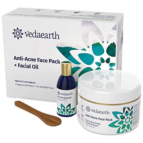 Vedaearth Anti-Acne Face Pack + Facial Oil - Neem & Lemongrass, 2 pcs (Pack 75g + Oil 25ml)