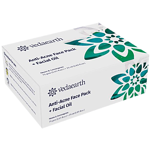 Vedaearth Anti-Acne Face Pack + Facial Oil - Neem & Lemongrass, 2 pcs (Pack 75g + Oil 25ml)