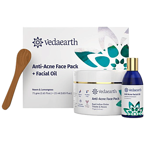 Vedaearth Anti-Acne Face Pack + Facial Oil - Neem & Lemongrass, 2 pcs (Pack 75g + Oil 25ml)