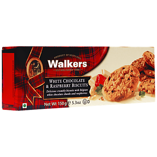 Walkers White Chocolate & Raspberry Biscuits - With Natural Ingredients, Baked, Delicious Cookies, 150 g  