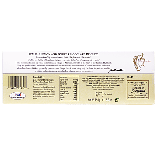 Walkers Italian Lemon & White Chocolate Biscuits - With Tangy Lemon Zest, Delicious Cookies, 150 g  
