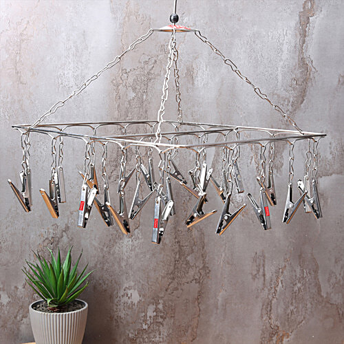 Hazel Steel Square Hanger - With Clips, For Drying Clothes, Easy To Use, Durable, Silver, 1 pc  