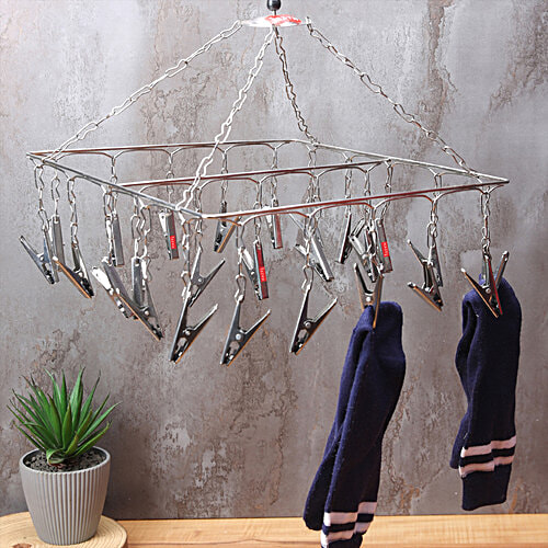 Hazel Steel Square Hanger - With Clips, For Drying Clothes, Easy To Use, Durable, Silver, 1 pc  