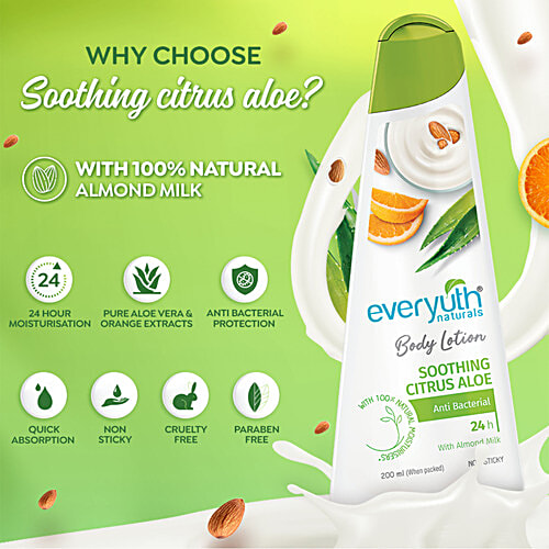 Everyuth Naturals Soothing Citrus Aloe Body Lotion - With Almond Milk, Anti Bacterial, Moisturizer, 200 ml Bottle 