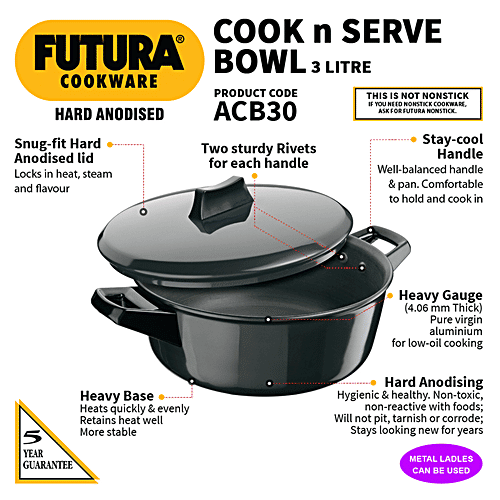 Hawkins Futura Hard Anodised Cook-N-Serve Bowl/Kadhai - 23 cm, 4.06 mm, Glass Lid, ACB30, 3 L  