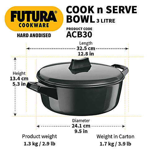 Hawkins Futura Hard Anodised Cook-N-Serve Bowl/Kadhai - 23 cm, 4.06 mm, Glass Lid, ACB30, 3 L  