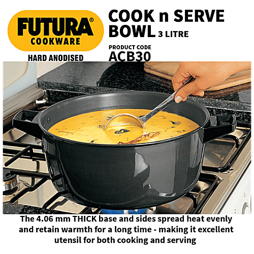 Hawkins Futura Hard Anodised Cook-N-Serve Bowl/Kadhai - 23 cm, 4.06 mm, Glass Lid, ACB30, 3 L  