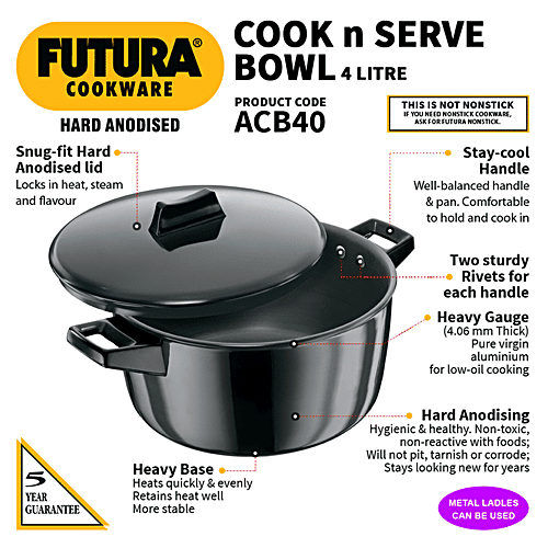 Hawkins Futura Hard Anodised Cook-N-Serve Bowl/Kadhai - 23 cm, 4.06 mm, Glass Lid, ACB40, 4 L  