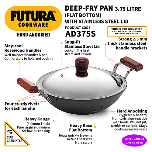 Hawkins Futura Hard Anodised Aluminium Deep-Fry Pan/Kadhai - 30 cm, 4.06 mm with Steel Lid, AD375S, 3.75 L  