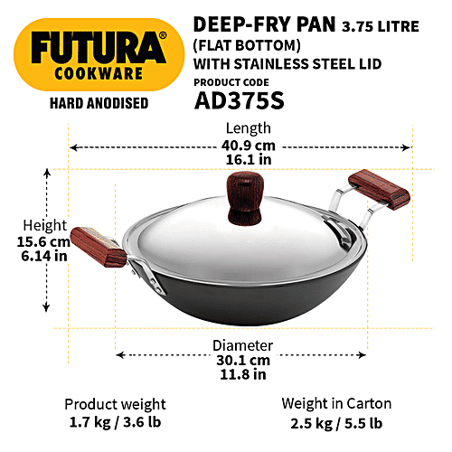 Hawkins Futura Hard Anodised Aluminium Deep-Fry Pan/Kadhai - 30 cm, 4.06 mm with Steel Lid, AD375S, 3.75 L  