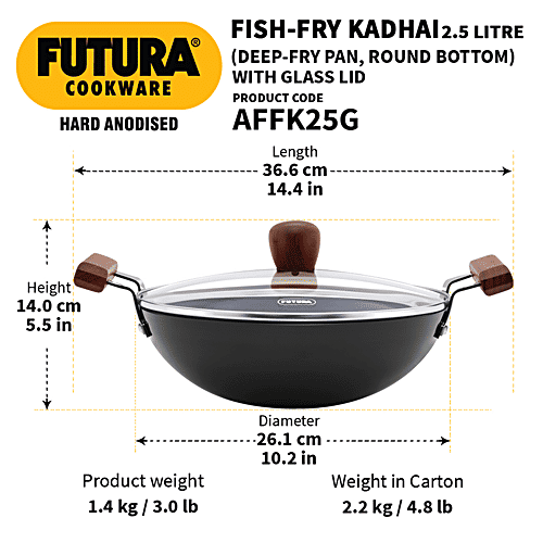 Hawkins Futura Hard Anodised Aluminium Deep Fry Pan/Kadhai - Round Bottom, 26 cm, 3.25 mm, Glass Lid, AFFK25G, 2.5 l  