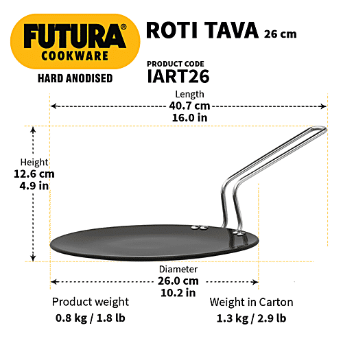Hawkins Futura Hard Anodised Roti Tawa - Induction Base, 26 cm, 4.88 mm, Stainless Steel Handle, IART26, 1 pc  