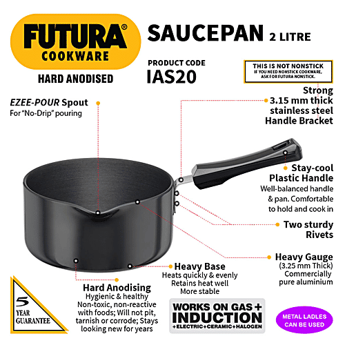 Hawkins Hard Anodised Saucepan - Induction Base, 18 cm, 3.25 mm, Plastic Handle, IAS20, 2 L  