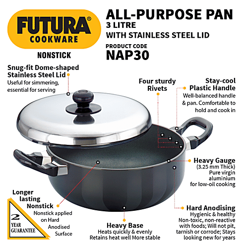 Hawkins Futura Hard Anodised Aluminium All-Purpose Pan/Frying Pan - Non Stick, 22 cm, 3.25 mm, Steel Lid, NAP30, 3 l