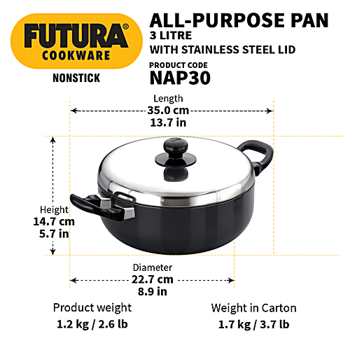 Hawkins Futura Hard Anodised Aluminium All-Purpose Pan/Frying Pan - Non Stick, 22 cm, 3.25 mm, Steel Lid, NAP30, 3 l