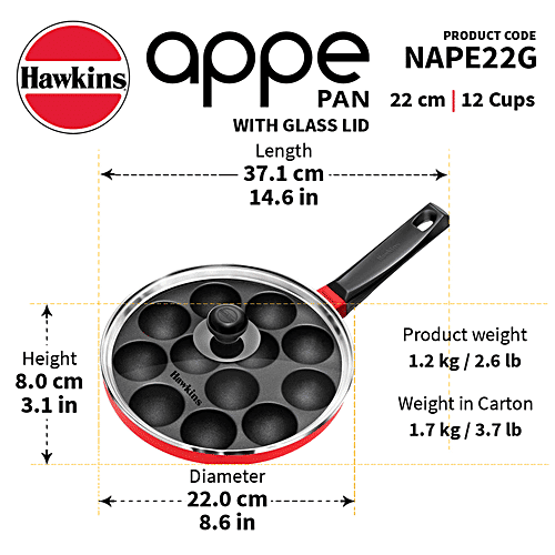 Hawkins Diecast Non-Stick Appe Pan/Appam Patra/Paniyarakkal/Paddu Maker - 22 Cm, 12 Cups, Glass Lid, 1 pc  