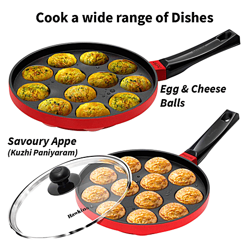 Hawkins Diecast Non-Stick Appe Pan/Appam Patra/Paniyarakkal/Paddu Maker - 22 Cm, 12 Cups, Glass Lid, 1 pc  
