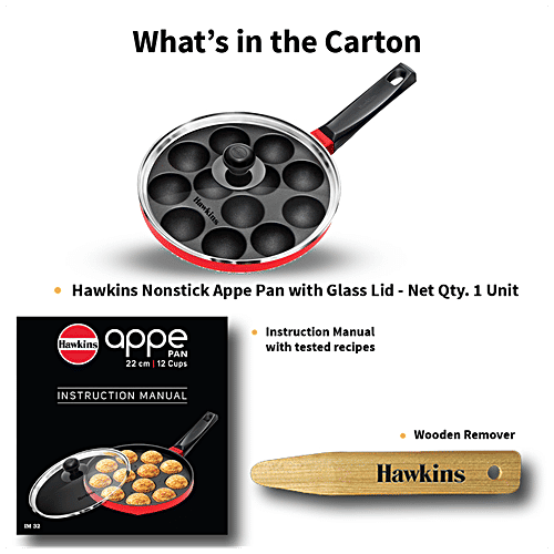 Hawkins Diecast Non-Stick Appe Pan/Appam Patra/Paniyarakkal/Paddu Maker - 22 Cm, 12 Cups, Glass Lid, 1 pc  