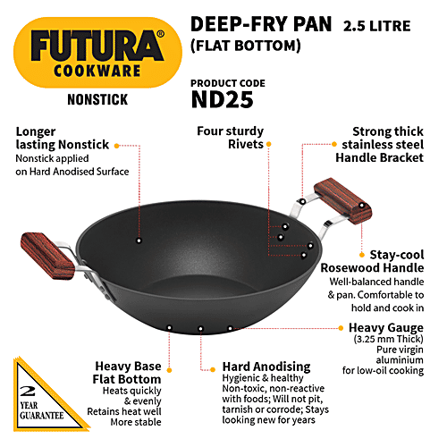 Hawkins Futura Hard Anodised Non-Stick Deep Fry Pan Flat Bottom - Non Stick, 26 cm, 3.25 mm, ND25, 2.5 l  