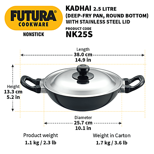 Buy Hawkins Futura Nonstick DeepFry Pan/Kadhai Round Bottom, With
