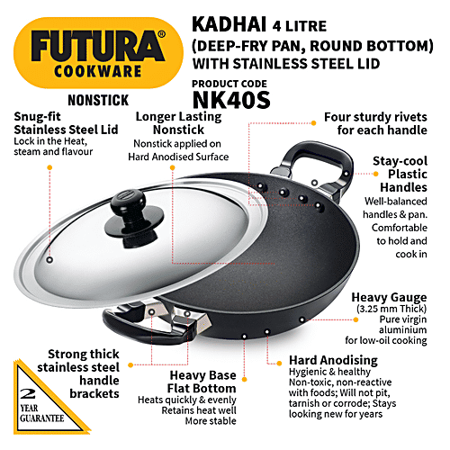 Hawkins Futura Hard Anodised Aluminium Deep Fry Pan/Kadhai - Non Stick, 30 cm, 3.25 mm, Stainless Steel Lid, NK40S, 4 L