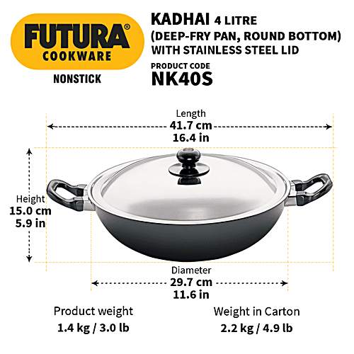 Hawkins Futura Hard Anodised Aluminium Deep Fry Pan/Kadhai - Non Stick, 30 cm, 3.25 mm, Stainless Steel Lid, NK40S, 4 L