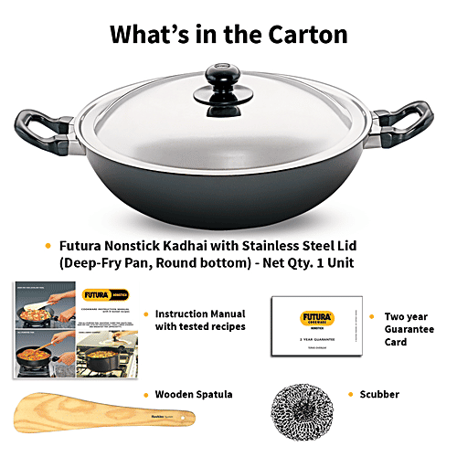 Hawkins Futura Hard Anodised Aluminium Deep Fry Pan/Kadhai - Non Stick, 30 cm, 3.25 mm, Stainless Steel Lid, NK40S, 4 L