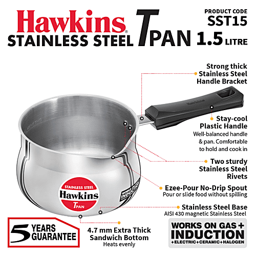 Hawkins Stainless Steel Tpan - Induction Base, Ezee-Pour, 4.7 mm, Plastic Handle, SST15, 1.5 l