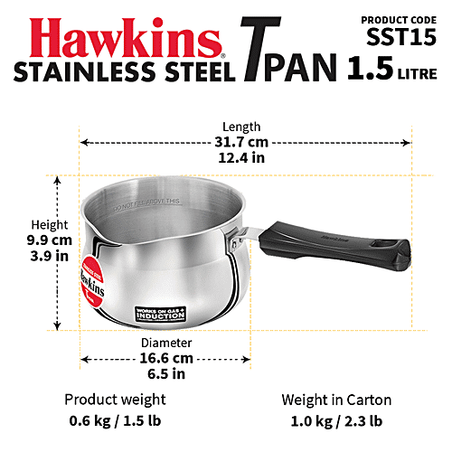 Hawkins Stainless Steel Tpan - Induction Base, Ezee-Pour, 4.7 mm, Plastic Handle, SST15, 1.5 l