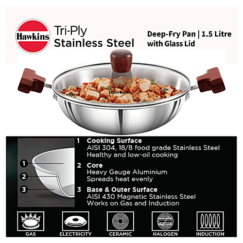 Hawkins Tri-Ply Stainless Steel Deep Fry Pan/Kadai - With Glass Lid, 3 Layer, Induction Base, 26 cm, 3 mm, SSD15G, 1.5 l  