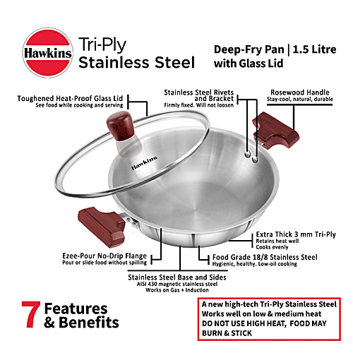 Hawkins Tri-Ply Stainless Steel Deep Fry Pan/Kadai - With Glass Lid, 3 Layer, Induction Base, 26 cm, 3 mm, SSD15G, 1.5 l  