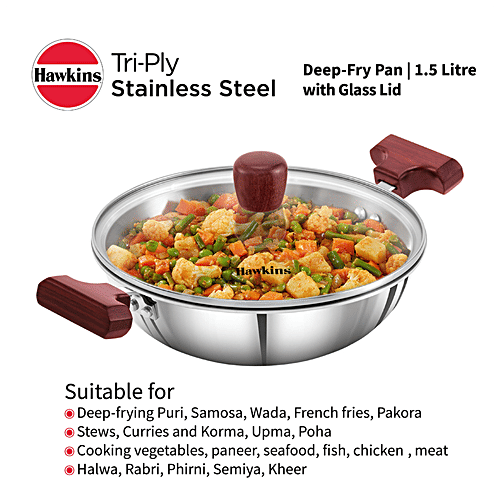 Hawkins Tri-Ply Stainless Steel Deep Fry Pan/Kadai - With Glass Lid, 3 Layer, Induction Base, 26 cm, 3 mm, SSD15G, 1.5 l  