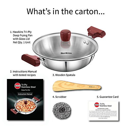 Hawkins Tri-Ply Stainless Steel Deep Fry Pan/Kadai - With Glass Lid, 3 Layer, Induction Base, 26 cm, 3 mm, SSD15G, 1.5 l  