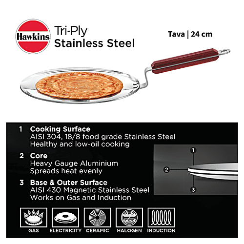 Hawkins Tri-Ply Stainless Steel Tawa - Induction Base, 24 cm, 3.5 mm, Wooden Handle, SSTV24, 1 pc