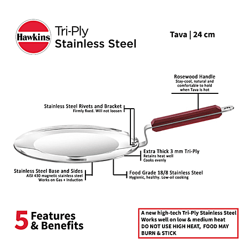 Hawkins Tri-Ply Stainless Steel Tawa - Induction Base, 24 cm, 3.5 mm, Wooden Handle, SSTV24, 1 pc