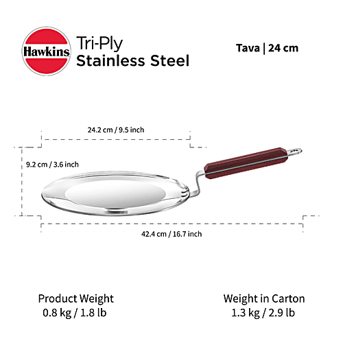 Buy Hawkins TriPly Stainless Steel Tawa Induction Base, 24 cm, 3.5 mm, Wooden Handle, SSTV24