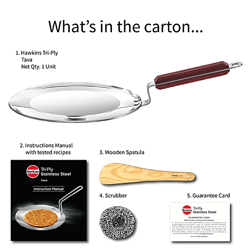 Hawkins Tri-Ply Stainless Steel Tawa - Induction Base, 24 cm, 3.5 mm, Wooden Handle, SSTV24, 1 pc