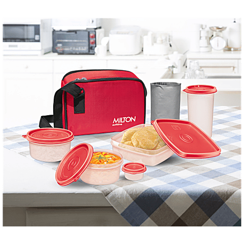 Milton Prime Lunch Plastic Tiffin Box Set - Leak Proof, Durable, Air Tight, Red, 5 pcs  