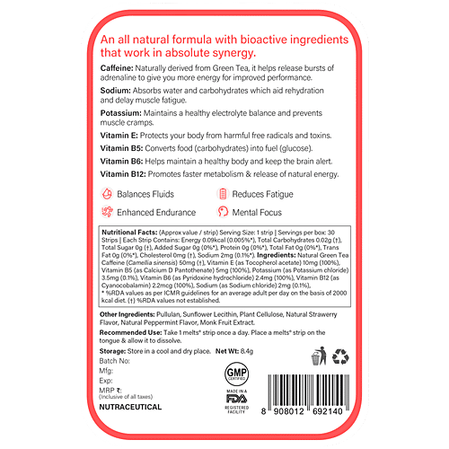 Wellbeing Nutrition Melts Into Instant Energy Thin Strips - Green Tea Caffeine + Electrolyte, Strawberry Mint Flavour, 60 g (30 pcs x 2 g each) Plant Based, Sugar Free, Instant Action