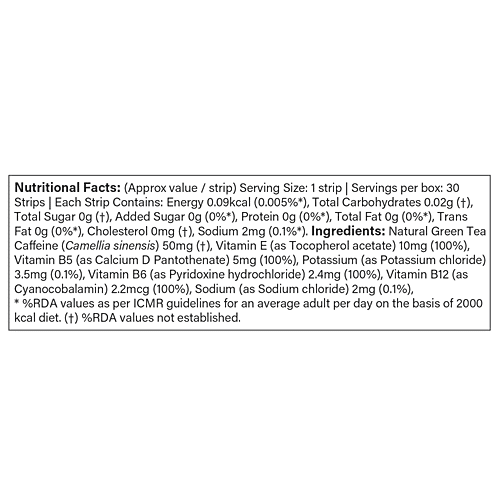 Wellbeing Nutrition Melts Into Instant Energy Thin Strips - Green Tea Caffeine + Electrolyte, Strawberry Mint Flavour, 60 g (30 pcs x 2 g each) Plant Based, Sugar Free, Instant Action