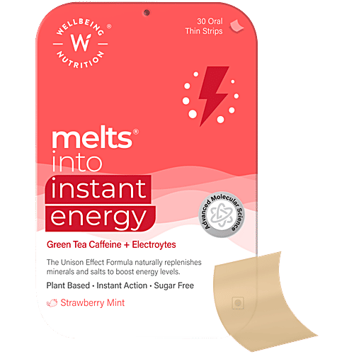 Wellbeing Nutrition Melts Into Instant Energy Thin Strips - Green Tea Caffeine + Electrolyte, Strawberry Mint Flavour, 60 g (30 pcs x 2 g each) Plant Based, Sugar Free, Instant Action