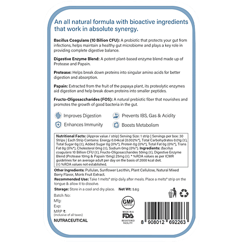 Wellbeing Nutrition Melts Into A Healthy Gut - Probiotics & Enzymes, Mixed Berry Blast, 30 pcs  For Indigestion, Gas, Acidity